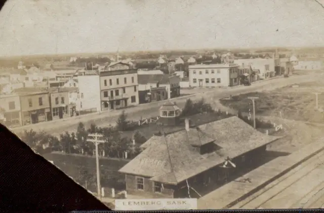 Aerial view of Lemberg with the railway station and Main Street